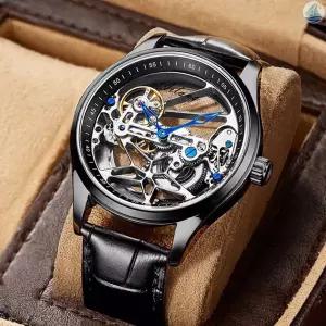 호환 AILANG Skeleton Mechanical Mens 시계 톱 럭셔리 Steampunk 투명 중공 자동 시계 Relogio Masculino