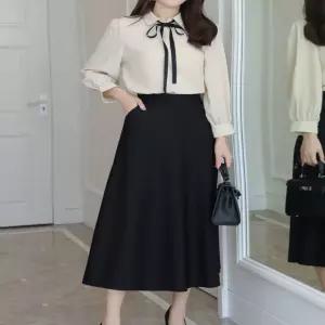 스커트 치마 SK 여성 A라인 올블랙 밴딩 하이웨스트 롱스커트