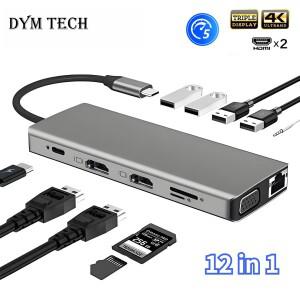 USB C 허브 트리플 디스플레이 듀얼 모니터 어댑터 노트북 to 2 HDMI 4K VGA 이더넷 100W PD 오디오 맥북