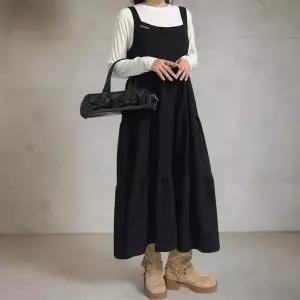 여성 사랑스러운 가을 멜빵 빅사이즈 라벨 롱드레스