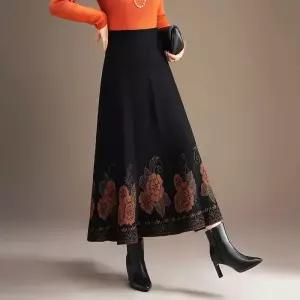 여자 니트 스커트 하이웨스트 프린트 A라인 가을 겨울 슬림핏 도톰한 롱 원픽4