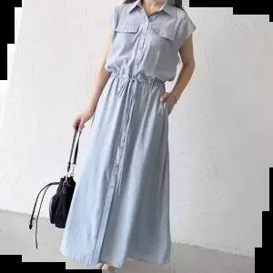 A라인원피스 포켓 포인트 여름 민소매 카라 롱원피스 허리 조임끈