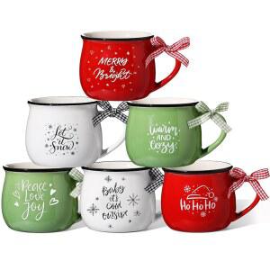[미국배송] 가족 엄마 여자 친구 농가를 위한 SAWYSINE 크리스마스 커피 머그잔 세트 6 12온스 세라믹 선물 홀리데이 핫 코코아 (클래식 스타일)