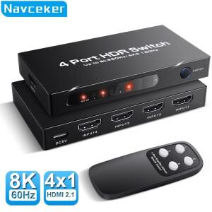 Navceker HDMI 2.1 스위처 Xbox PS5 모니터용 리모컨 컨버터 포함 호환 8K 60Hz 4K 120Hz 4 in 1 Out