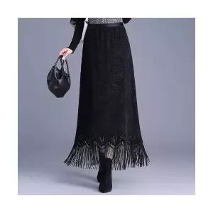 여성용 쉬폰 스커트 플란넬 레이스 가을 겨울 허리 밴딩 슬림핏 중기장 A라인 롱 KS4