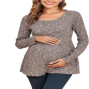 에코버스 여성용 임산부 골지 니트 셔츠 긴팔 임신 상의 편안한 신축성 블라우스
