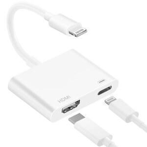 [미국배송] [애플호환 MFI 인증] HDMI 어댑터에 라이트닝 1080P 비디오 및 오디오 디지털 AV 어댑터 동기화 화면 커넥터 케이블(HDTV/프로젝터/모니터에서 아이폰호환 14 13 12 11 X 8 7 IPAD용 충전 포트 포함)