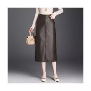 여자 데일리 H라인 스커트 가죽 중기장 추동 하이웨스트 원턱 A라인 PU SPO마켓4