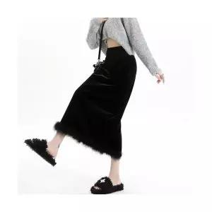 여자 데일리 H라인 스커트 블랙 벨벳 퍼 가을 겨울 트임 힙업 롱 원 스텝 SPO마켓4
