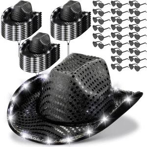 잔마이 18 세트 LED 카우보이 모자 성인 결혼식 할로윈 코스튬 선글라스와 함께 반짝이는 퀸 카우걸 조명