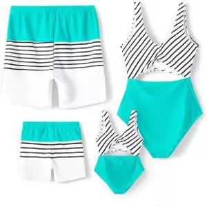 PATPAT 가족 매칭 수영복 엄마와 나 스트라이프 스플라이싱 원피스 세트