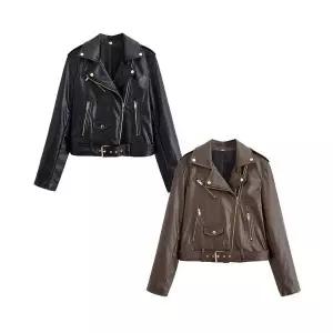 무천도사 여성 여친 잠바 집업야구항공 가을 겨울 지퍼 벨트 칼라 캐주얼 긴팔 PU 점퍼 트렌드 KKE4