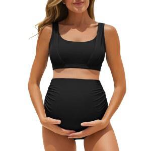 여름 메이 임산부 비키니 수영복 와이드 스트랩 루즈 하이 웨이스트 투피스 스쿱 넥 임신