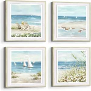욕실 액자 비치 월 아트 침실 거실 블루 오션 풍경 사진 4피스 릴랙싱 해안 장면 프린트 모던 요트 바다