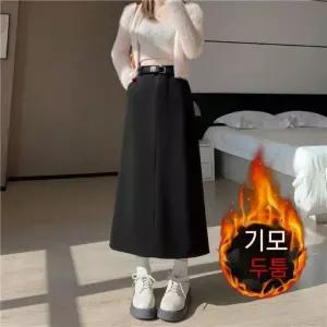 세군다 여자 정장 스커트 기모 도톰한 그레이 모직 가을 겨울 트임 A라인 롱 미디 힙업 DOS4