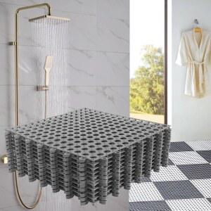 배수구가 있는 12팩 11.8인치 x 연동 바닥 타일 부드러운 PVC 미끄럼 방지 샤워 매트 배수구, 수영장, 파티오, 발코니, 개집, 가금류, 그리드, 회색용 모듈식 쿠션
