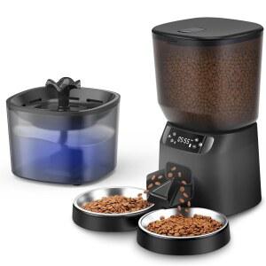 자동 고양이 급식기 및 급수대, 5L/20컵 타임 건조 식품 디스펜서, 10초 식사 통화, 20인분 6끼 식사, 필터 포함 음료용 2L, 반려견 블랙용 반려동물