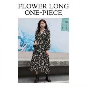 여자 가을 플라워 롱 원피스 쉬폰 브이넥 꽃무늬 허리끈 셔링 프린트