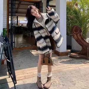 여자점퍼 집업 야구 항공 겨울 베이지 스트라이프 후드 퍼 코트 원템4