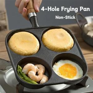 3/4 구멍 계란 프라이팬 나무 손잡이 들러붙지 않는 팬케이크 스테이크 요리 팬 가스 스토브 유도 조리기