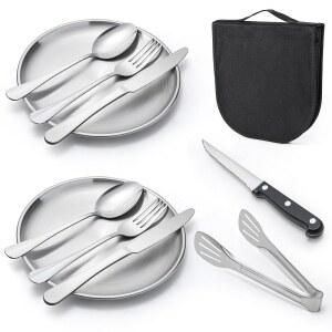 야외 캠핑 및 식기 세트 스테인리스 스틸 나이프 포크 숟가락 접시 음식 집게 휴대용 보관 가방