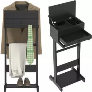 행거 트레이 바지 넥타이 바 신발장 및 보관함이 있는 CWKISS 나무 수트 발렛 스탠드 u2013 침실 현관