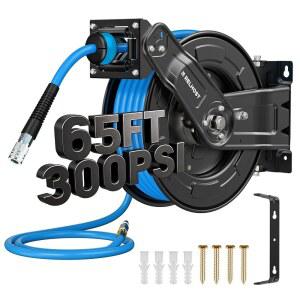 릴호스트 접이식 에어 호스 릴, 65피트 x 3/8인치 하이브리드 맥스 300PSI, 듀얼 암이 장착된 헤비 듀티 오토 되감기, 180 회전 천장/벽 마운트 차고, 작업장