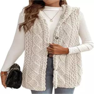 WDIRARA 여성용 퍼지 후드 조끼 아우터 버튼 다운 민소매 퍼리 코트