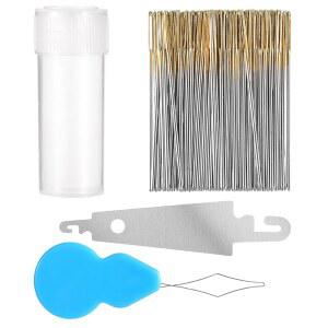 100개 크로스 스티치 바늘 + 2개 실타래 황금색 큰 눈 DIY 자수 핸드 투명 상자