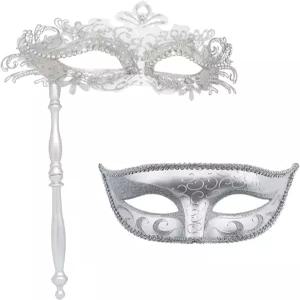 코디엠즈 커플 가면극 세트와 홀딩 스틱 베네치아 할로윈 코스튬 마스크 마디 그라 파티