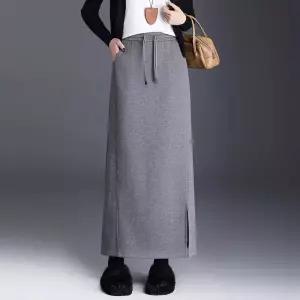 포뇨 여성 슬림핏 롱 캐주얼 백 힙스트레이트 스커트 가을 겨울 프린트 모직 OPH4