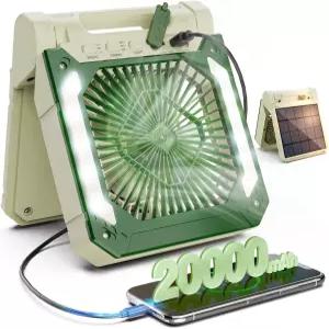 20000mAh 휴대용 선풍기 충전식 태양광 패널 2-in-1 3단 속도 무선 배터리 구동 LED 랜턴 타이머 여행 텐트