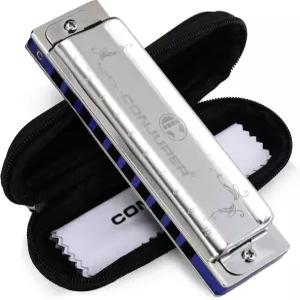 성인 초보자를 위한 컨저 블루스 하모니카 10홀 키 인광 청동 사운드 스프링 마우스 오르간 케이스