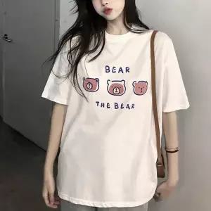 여자 데일리 귀여운 스타일 곰돌이 라운드 반팔티