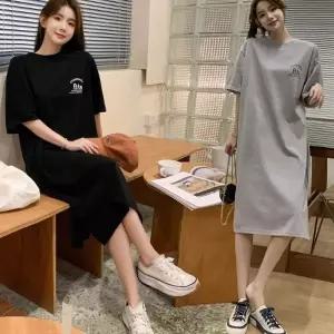 여성 여름 라운드 반팔 앞뒤 영문 레터링 트임 원피스