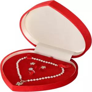 LETURE 대형 주얼리 세트 선물 상자 하트 모양 벨벳 목걸이 반지 귀걸이 진주 보관 정리함 홀더 박스 (RED)