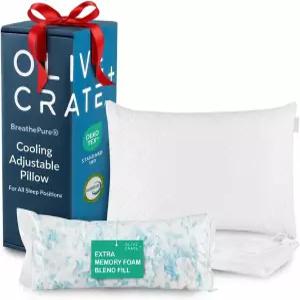 올리브 + 크레이트 브레스퓨어 조절 가능한 로프트 파쇄 메모리 폼 베개 - 퀸 사이즈 쿨링 저자극 침대