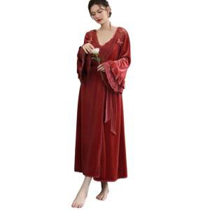하트터치 여성 벨벳 파자마 가운 나이트 드레스 슬립 드레스 전신 목욕 가운 러플 슬리브 플란넬 잠옷 라운지웨어