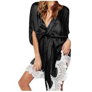 순리안 여성 새틴 기모노 드레스 숏 로브 가운 벨트 파자마 드레시 플로럴 레이스 라운지 슬립웨어 나이트 드레스