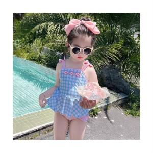 유아 아동 수영복 세트 3종 (상의+팬티+수모) 체크 프릴 리본 포인트