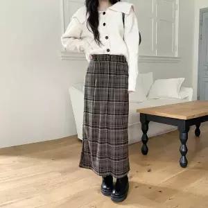 [하프클럽/옷자락]여성 가을 겨울 체크 패턴 롱스커트