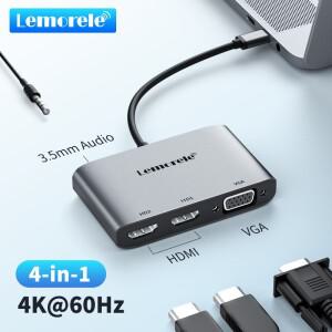 Lemorele USB 허브 C to 듀얼 HDMI 분배기 어댑터 케이블 VGA 오디오 비디오 호환 4K @ 60Hz 3.5mm