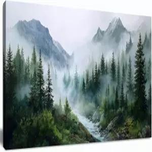 트로곤업 거실용 대형 안개 숲 벽 아트 그린 마운틴 풍경 캔버스 프린트와 나무가 있는 리버 모던 네이처