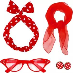 Sdfvsdg 50s 세트 코스튬 액세서리 쉬폰 스카프 고양이 안경 반다나 타이 헤드밴드 귀걸이 코스프레 파티용