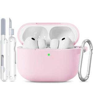 [미국배송] 2025년형 AIRPODS PRO 3 케이스용 TNSNK 애플호환 3세대 커버와 호환되는 소프트 실리콘 케이스 청소기 및 열쇠고리가 있는 여성용 GIRLY 긁힘 방지 낙하 핑크