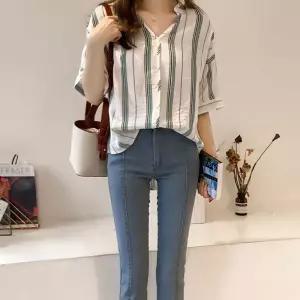 가오리핏 린넨 블라우스 퍼프 브이넥 여름 셔츠넨 여성넨 7부 넨셔츠 반팔