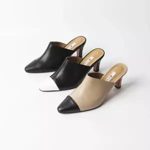 [신난다슈]여성 뮬 슬리퍼 힐 7cm 여자 스틸레토 구두 블로퍼 힐 소가죽 투톤 배색 빅사이즈 미들힐 SS2627