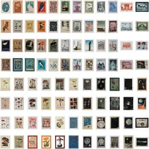 OIIIKI 184개 빈티지 가짜 우표 스티커 세트 동물 식물 다양한 디자인의 모양 장식 스크랩북 다이어리 앨범