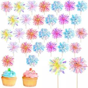 KFHENSOMR 35개 생일 축하 케이크 토퍼 귀여운 불꽃놀이 컵케이크 틴셀 음료 교반기 꽃 장식 칵테일 음식