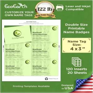 에코어스 이름 배지 삽입물 3x4 인치 120 장의 카드 20 시트 180g의 스톡 배지용 사용자 지정 가능한 빈